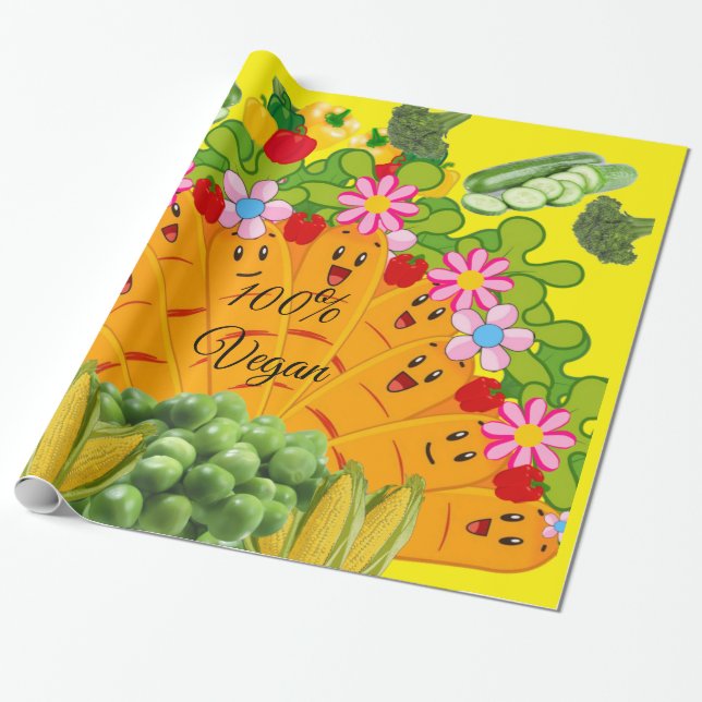 Glossy Wrapping Papper, morötter ärter 100 % Vegan Presentpapper (Utrullad)