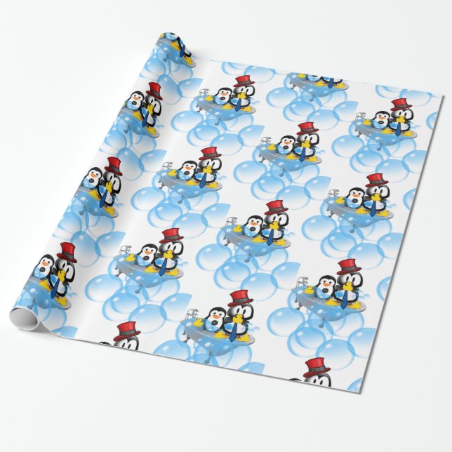 Glossy Wrapping Papper, Penguin Bubble Bath Tub Presentpapper (Utrullad)