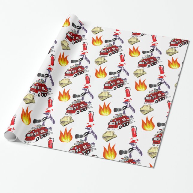 Glossy Wrapping Papper, Penguin Fire Fireman Presentpapper (Utrullad)