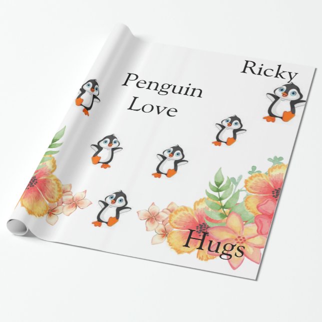 Glossy Wrapping Papper, Penguin Kärlek Blommigt Presentpapper (Utrullad)