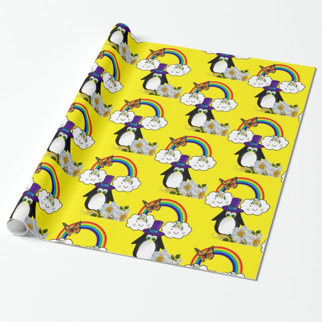 Glossy Wrapping Papper, Penguin Rainbow Sol Clouds Presentpapper (Utrullad)