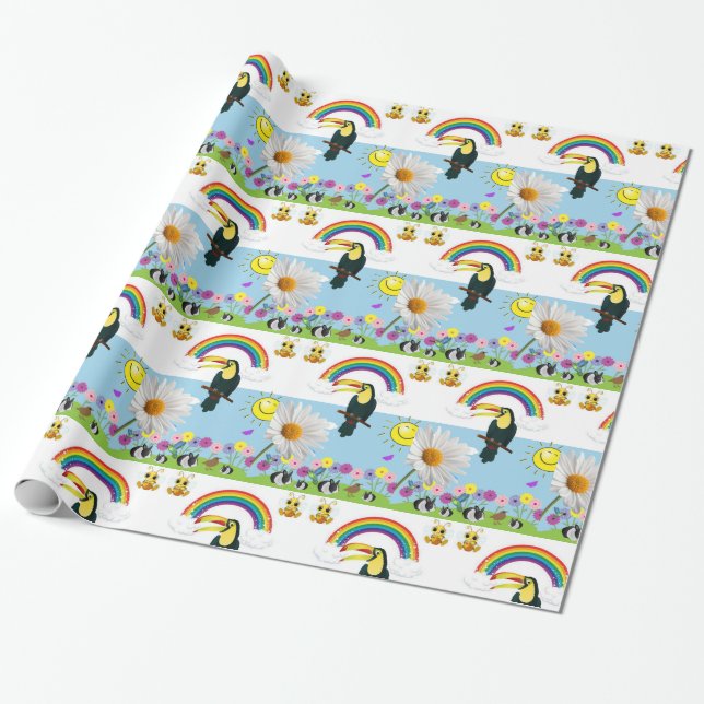 Glossy Wrapping Papper, Rainbow Parrots Sol-kanine Presentpapper (Utrullad)