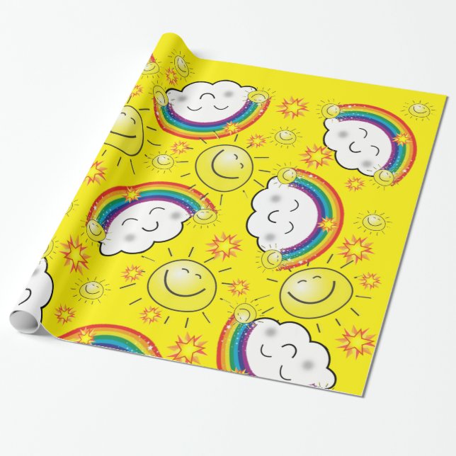 Glossy Wrapping Papper, Rainbow Sol Clouds Gult Presentpapper (Utrullad)