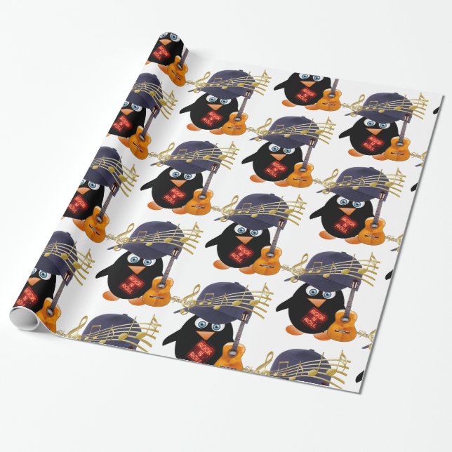 Glossy Wrapping Papper, Rock n Roll Penguin Guitar Presentpapper (Utrullad)