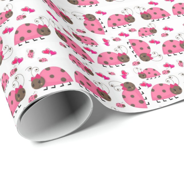 Glossy Wrapping Papper Rosa Ladybug Presentpapper (Rullad Hörn)