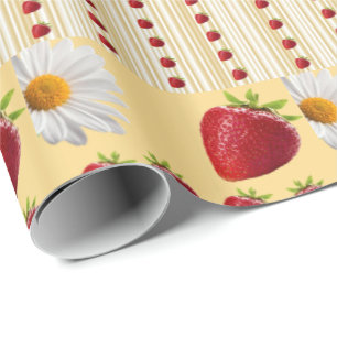 Glossy Wrapping Papper Strawberry White Daisy Presentpapper