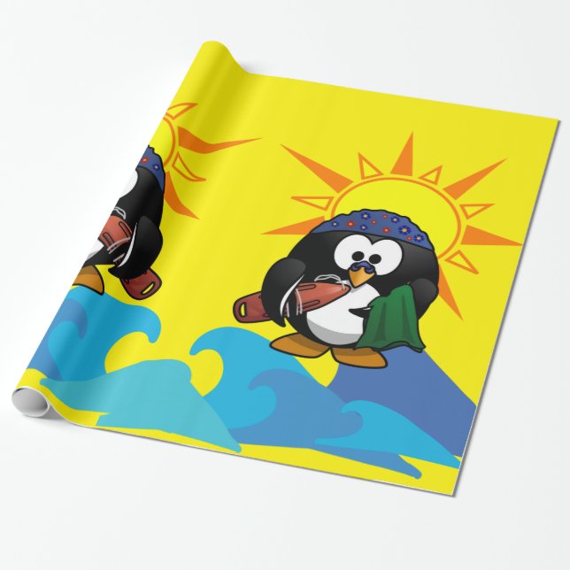 Glossy Wrapping Papper, Surfer Penguin Beach Presentpapper (Utrullad)