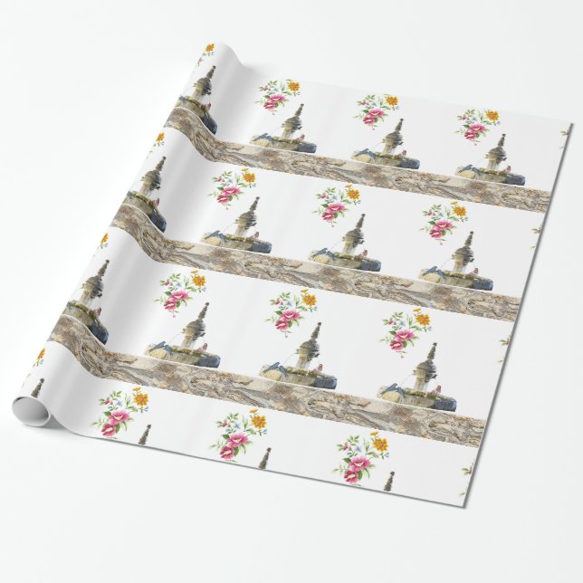 Glossy Wrapping Papper, Vatten Fontän Birds Blommi Presentpapper (Utrullad)
