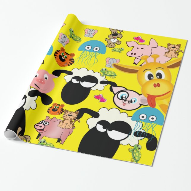 Glossy Wrapping Papper Zoo Animals Giraffe Elephan Presentpapper (Utrullad)