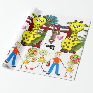 Glossy Wrapping Papper, Zoo Giraffe Monkey Presentpapper
