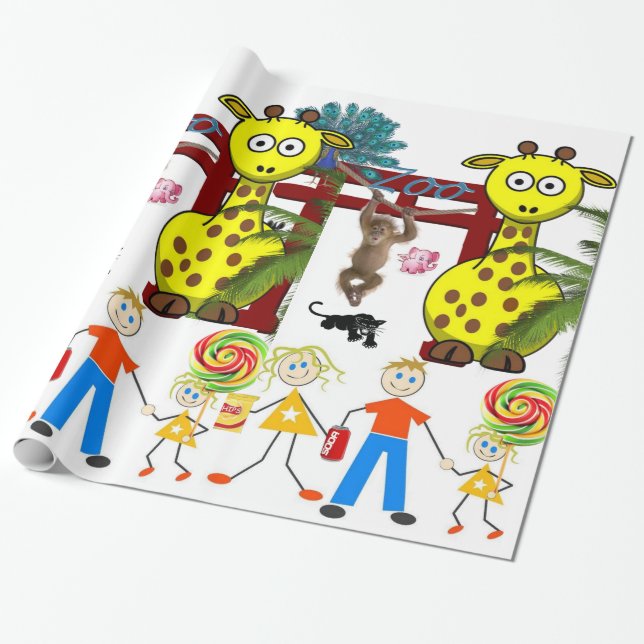 Glossy Wrapping Papper, Zoo Giraffe Monkey Presentpapper (Utrullad)
