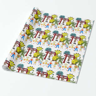 Glossy Wrapping Papper, Zoo Monkey Giraffe Presentpapper