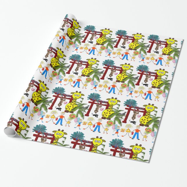 Glossy Wrapping Papper, Zoo Monkey Giraffe Presentpapper (Utrullad)