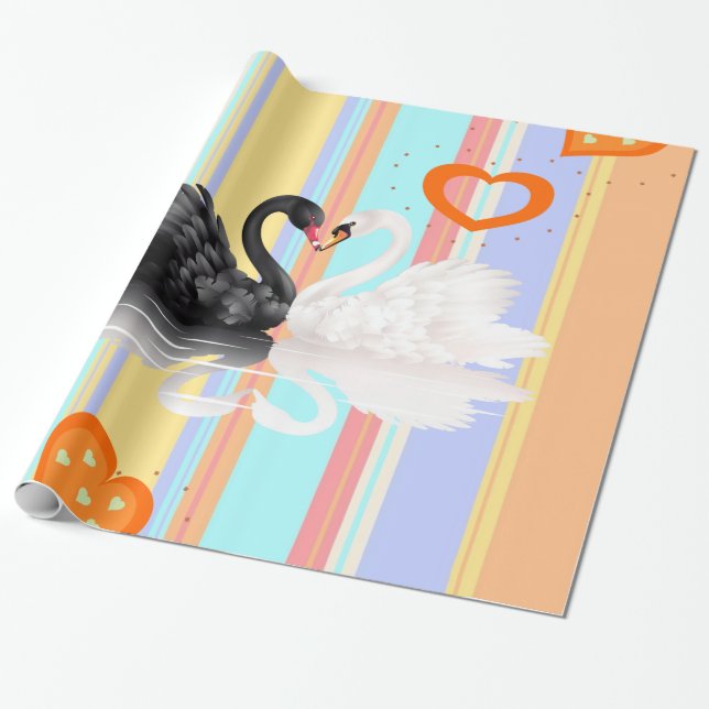 Glossy Wrapping Papprare, Rand Hearts Svanar Presentpapper (Utrullad)