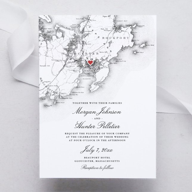 Gloucester Cape Ann Elegant Black White Bröllop Inbjudningar (Gloucester Massachusetts elegant black and white map wedding invitation)