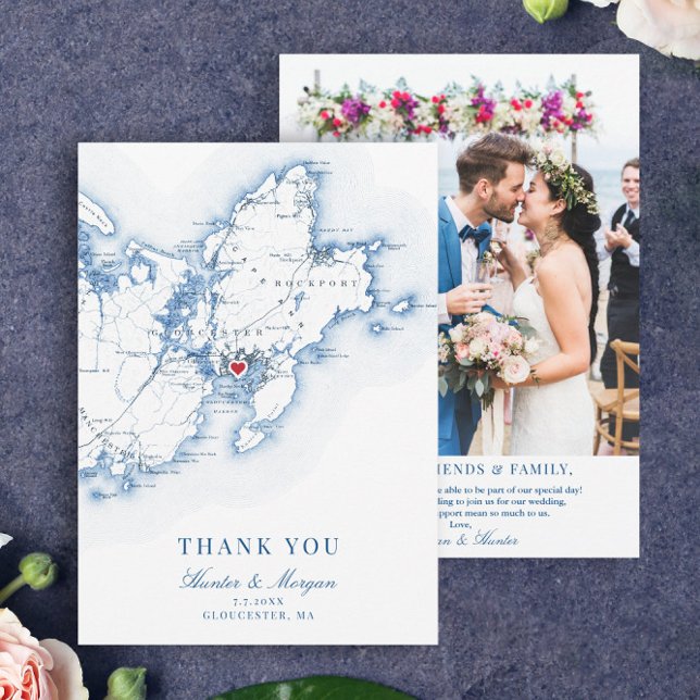 Gloucester Cape Ann MORSA Bröllop Flat Tack Kort (These Gloucester, MA map thank you cards are perfect for your Cape Ann destination wedding)