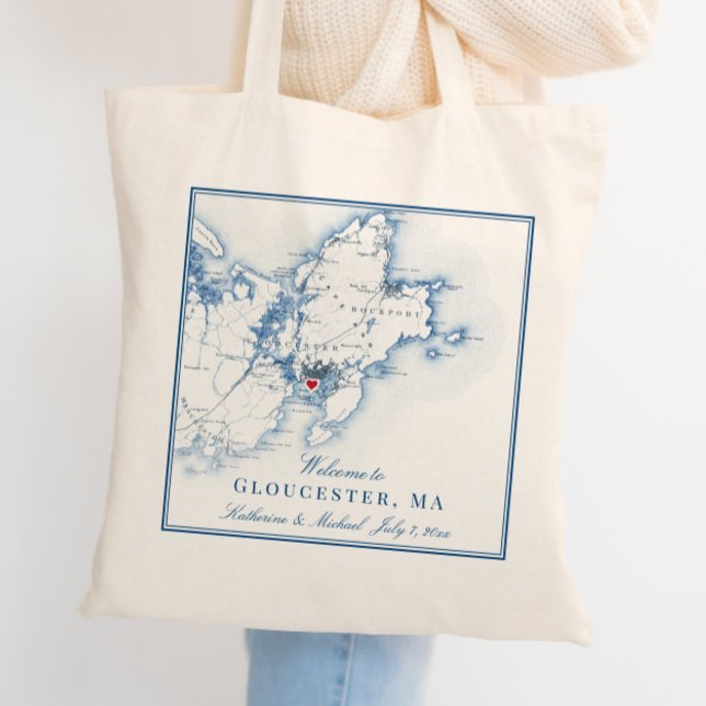 Gloucester, Massachusetts Bröllop Welcome Tote Bag Tygkasse (This Gloucester MA wedding welcome tote bag is perfect for your Cape Ann destination wedding)