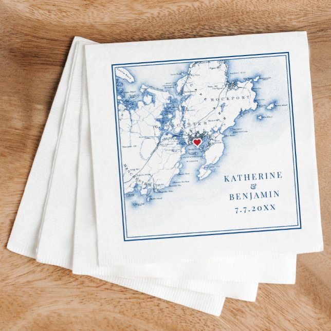 Gloucester Massachusetts Karta Navy Elegant bröllo Pappersservett (These Gloucester wedding napkins are perfect for your destination wedding to Cape Ann, Massachusetts)