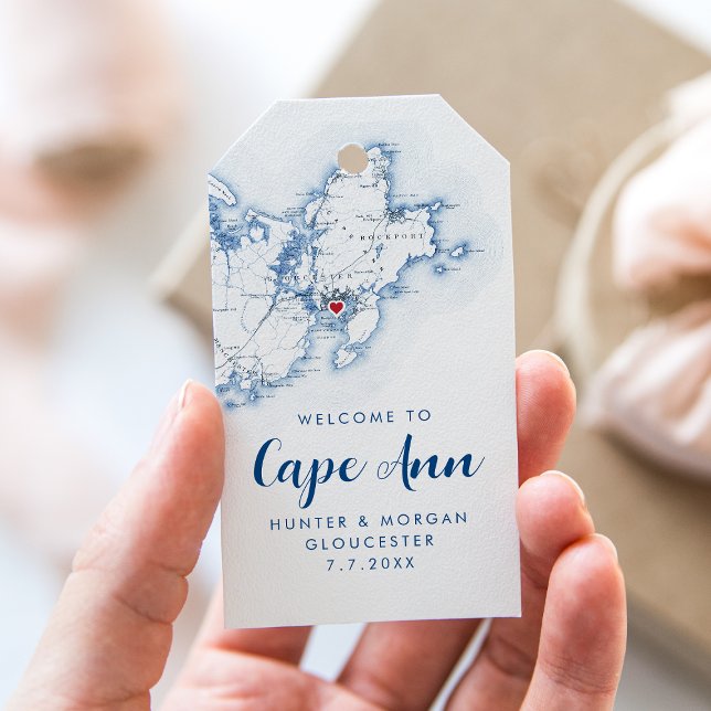 Gloucester MORSA Elegant Modern Navy Wedor Favor Presentetikett (Gloucester MA Welcome to Cape Ann Wedding Favor Tag Gift Tag in navy blue from Coastal Map Designs)
