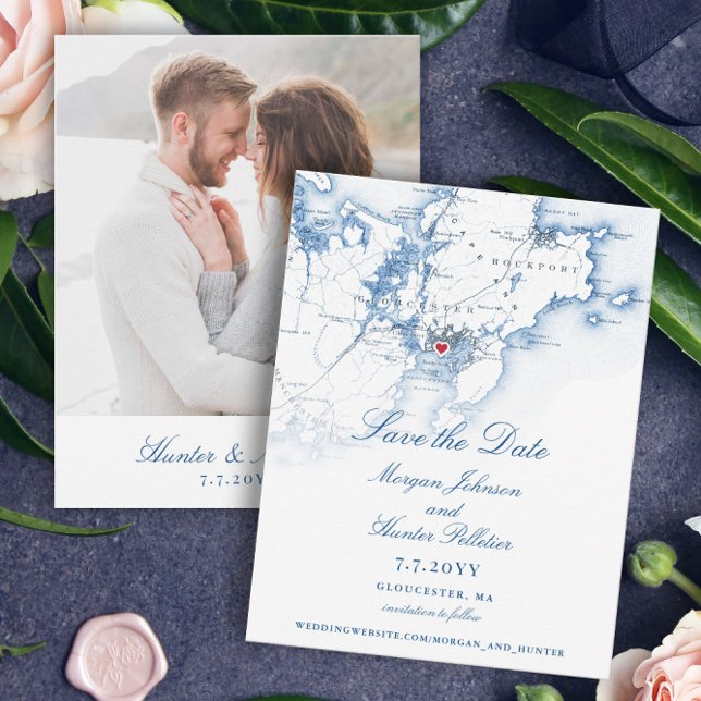 Gloucester MORSA Elegant Navy Bröllop Spara Datumet (These Gloucester, MA map save the dates are perfect for your destination wedding to Cape Ann)