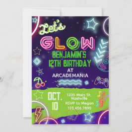 GLOW Birthday Gaming Arcade Party Glow Neon 80 s Inbjudningar