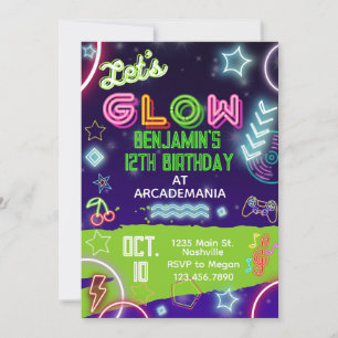 GLOW Birthday Gaming Arcade Party Glow Neon 80 s Inbjudningar