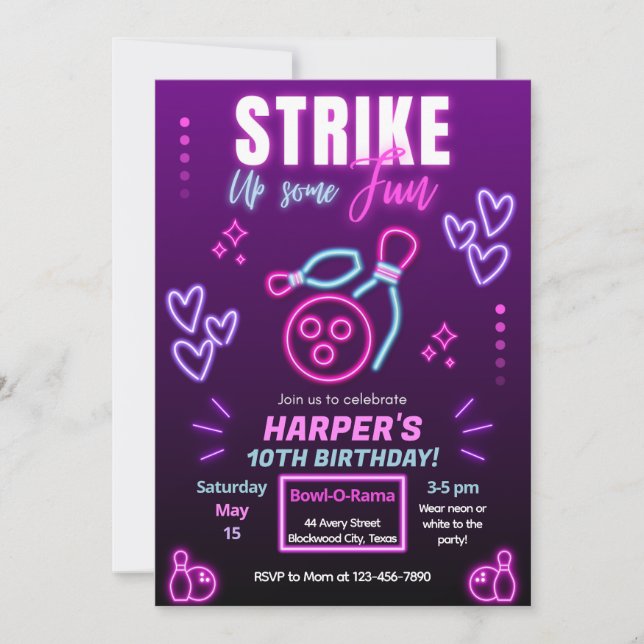 Glow Bowling Party Födelsedagsfest inbjudan (Framsida)