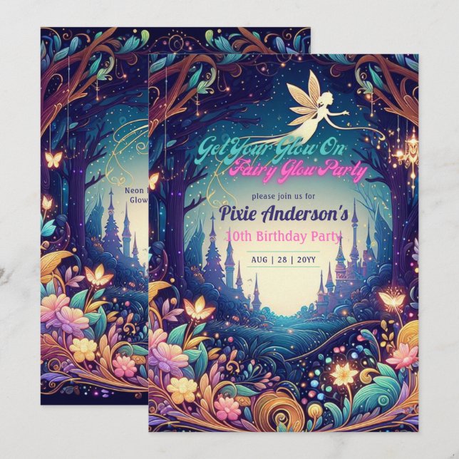 Glow Fairy Party Theme Fairytale Enchanted Forest Inbjudningar (Fram/baksida)