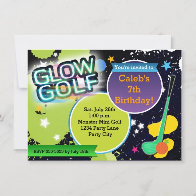 Glow Golf Monster Minigolf Firande Inbjudan (Framsida)