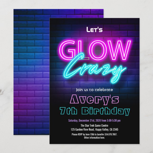 Glow In The Dark Pink Birthday Party Invitation Inbjudningar (Fram/baksida)