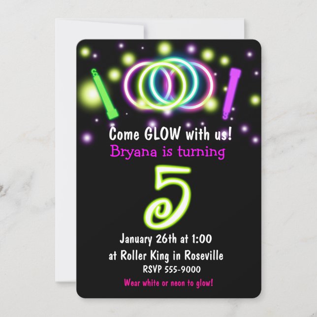 GLOW Lights 5-årsfest Ålder 5 Inbjudan (Framsida)