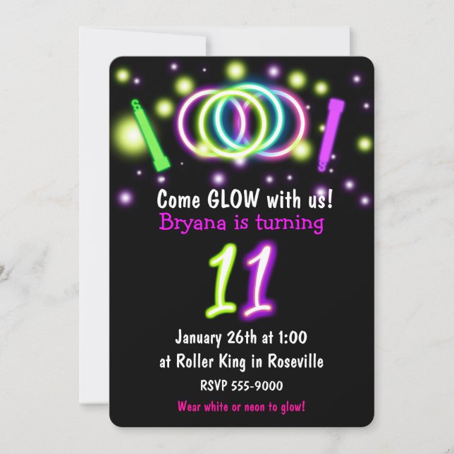 GLOW-ljus 11-års födelsedagsfest Ålder 11 Inbjudan (Framsida)
