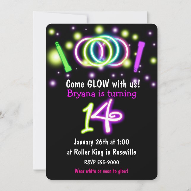 GLOW-ljus 14-års födelsedagsfest Ålder 14 Inbjudan (Framsida)