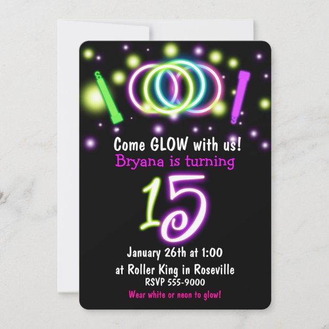 GLOW Ljus 15:e Födelsedagsfesten Ålder 15 inbjudan (Framsida)