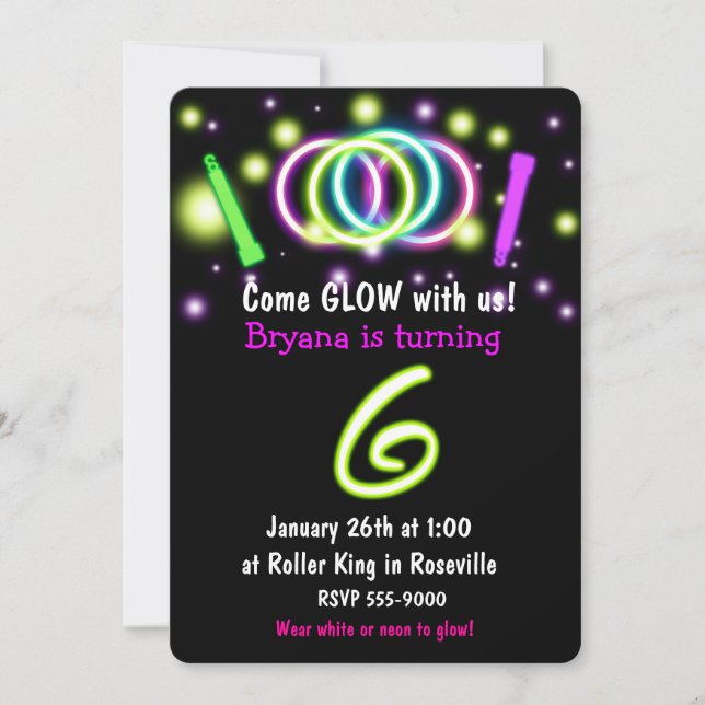GLOW Ljus 6e Födelsedagsfest Age 6-inbjudan Inbjudningar (Framsida)