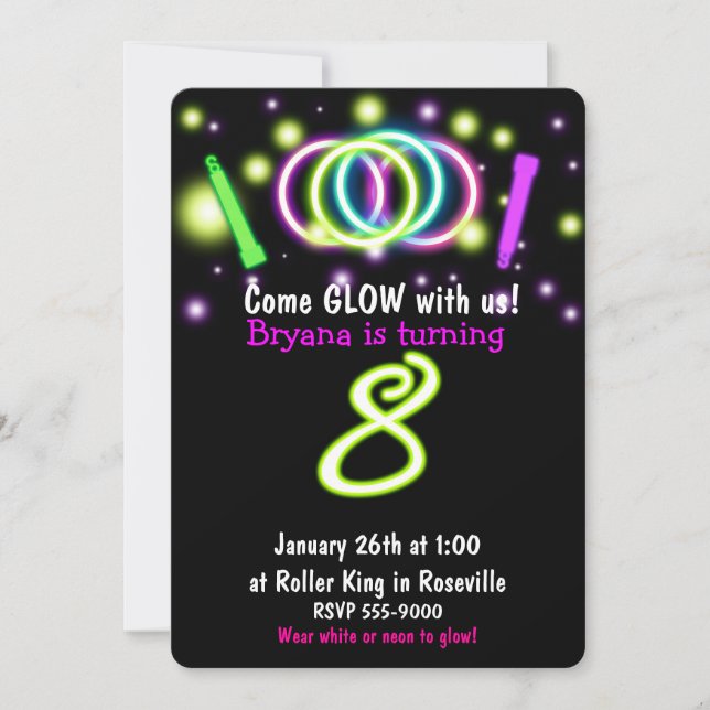 GLOW-ljus 8-års födelsedagsfest ålder 8 inbjudan (Framsida)