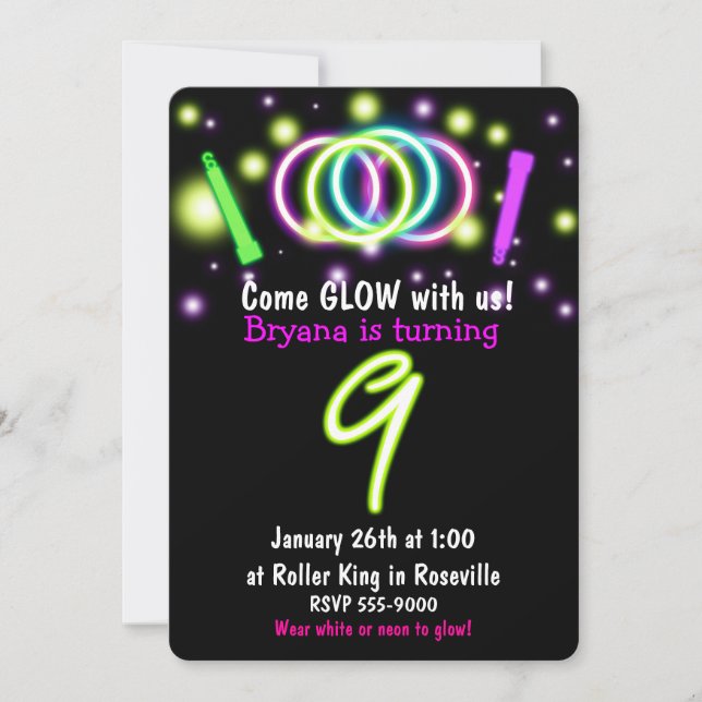 GLOW Ljus 9:e Födelsedagsfesten Ålder 9 Inbjudan (Framsida)
