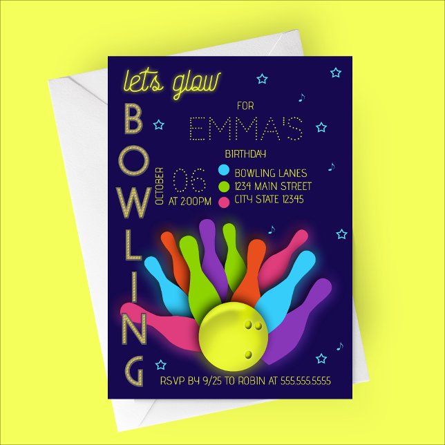 Glow Neon Bowling Birthday Invitation Inbjudningar (Let's Glow Bowling | Cosmic Bowling Birthday Party Invitation)