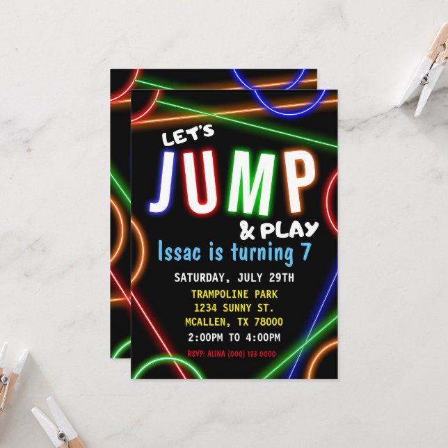 Glow Neon Let's Jump Birthday Party Invitation Inbjudningar (Fram/Back In Situ)