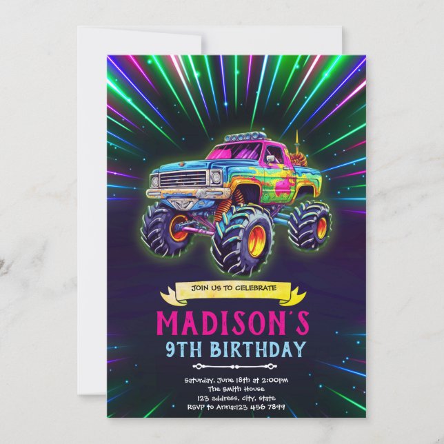 Glow neon monster truck invitation inbjudningar (Framsida)