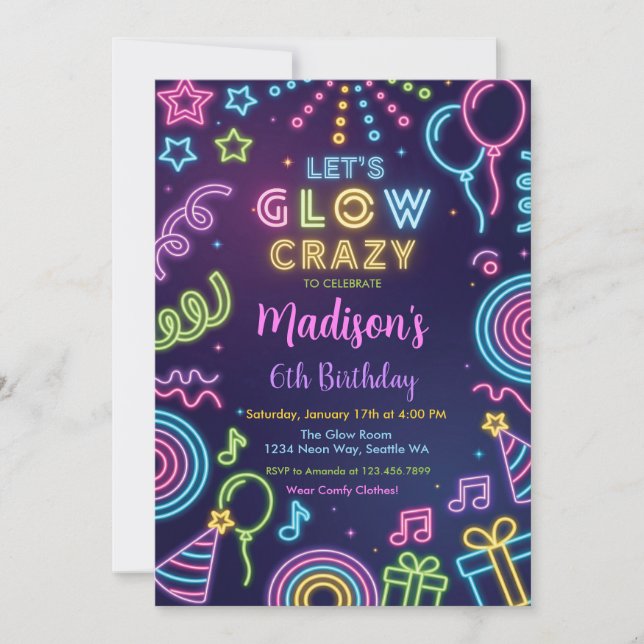 Glow Party Birthday Invitation, Neon Glow Theme Inbjudningar (Framsida)