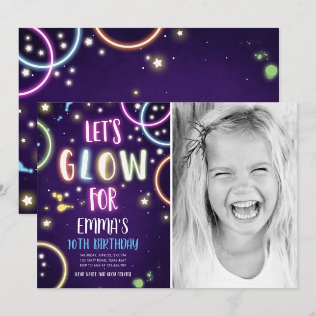 Glow Party Neon Dance Disco Birthday-inbjudan Inbjudningar (Fram/baksida)