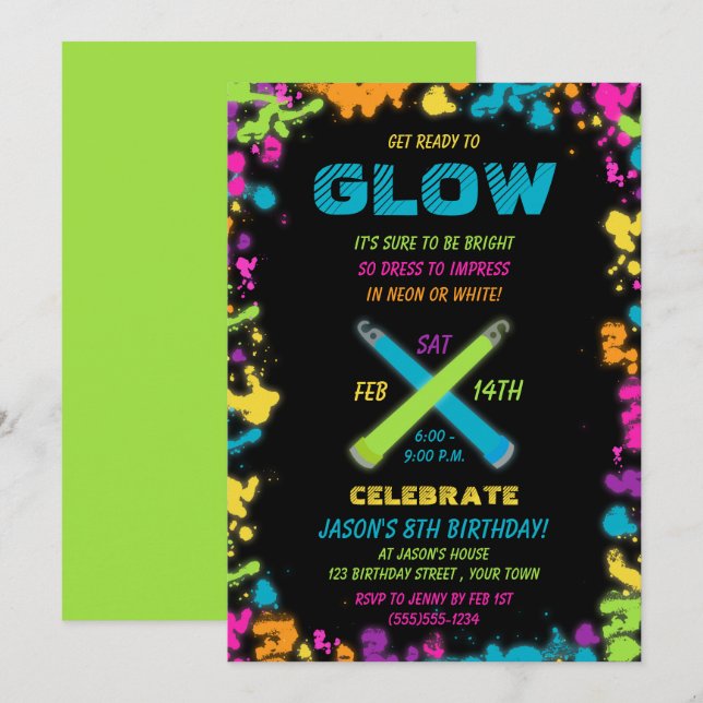Glow Party Neon Färg födelsedagsinbjudan Inbjudningar (Fram/baksida)