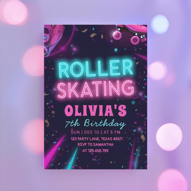 Glow Roller Skating Birthday | Neon Lights Party Inbjudningar (Skapare uppladdad)