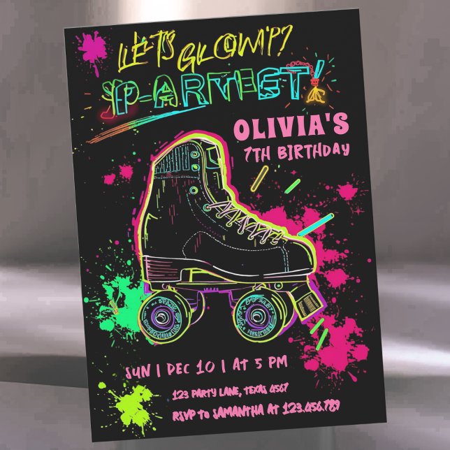 Glow Roller Skating Birthday | Neon Party Inbjudningar (Skapare uppladdad)