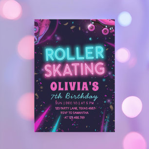 Glow Roller Skating Födelsedag Neonljus Party Inbjudningar