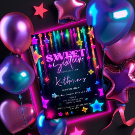 Glow Sweet 16 sexton Retro 80s Neon Bright Inbjudningar