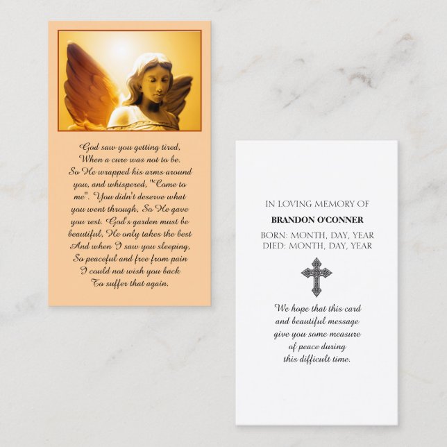 Glowing Angel Yellow Gold Orange Sympathy Prayer Visitkort (Fram/baksida)