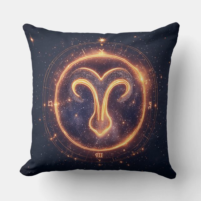 Glowing Aries Zodiac Symbol på ett Starry Space Kudde (Framsida)