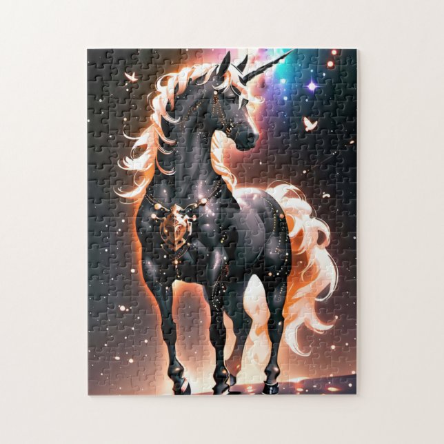 Glowing Black Enchanted Unicorn Pussel (Vertikal)